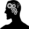 SIlhouette of a head with several gears, a bulb, and a cloud inside.