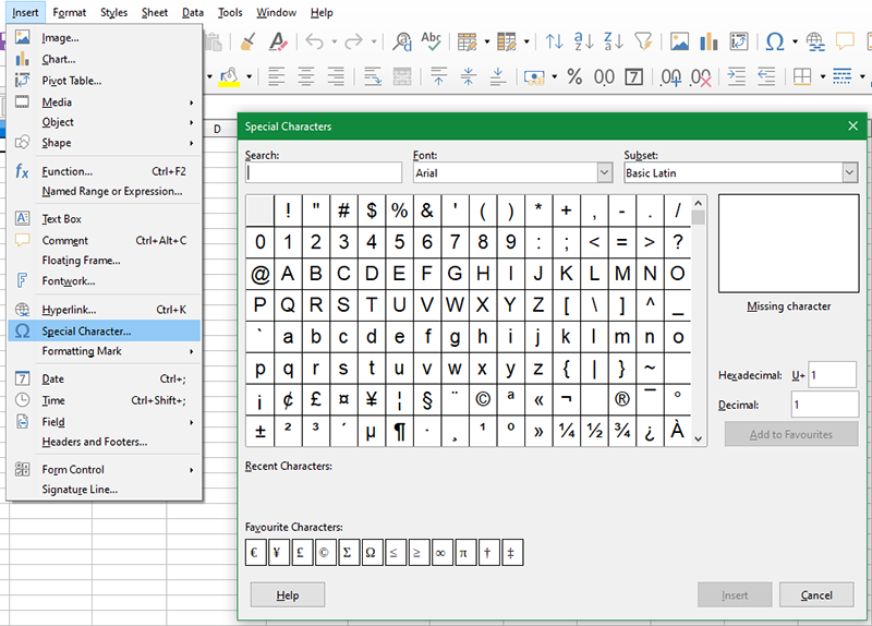 A screen capture showing the vertical submebnu when the top bar menu Insert is clicked. Several options appear, among them is Spcial Character. On the right shown is the Special Characters window, with matrix of several special characters as well as the fields Search, Font, and Subset.