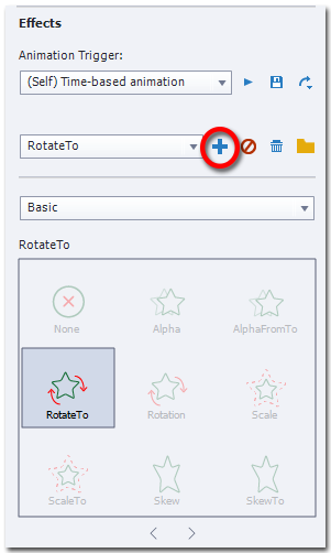 A screen capture of Captivate showing the Effects section otf the Timing tab, while an object with existing animation RotateTo is selected. Only the RotateTo icon is prominent while the rest are grayed-out. The blue plus sign is encircled in red.