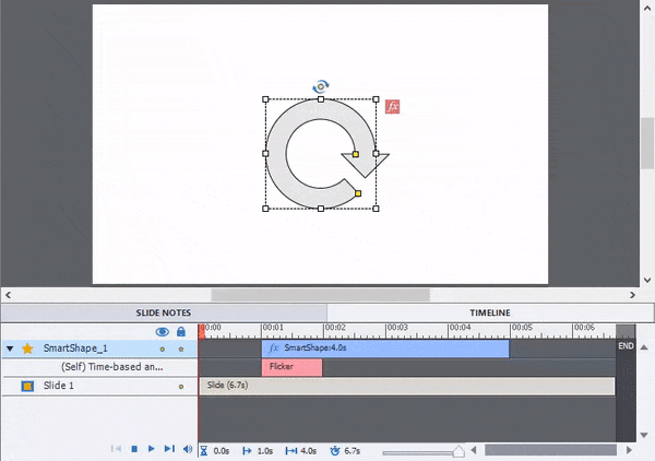 A Captivate screen capture in animated GIF format showing how to drag the animation's pink timeline bar to change when it starts and ends without changing the duration, and also how to drag the start and the end to change the duration.