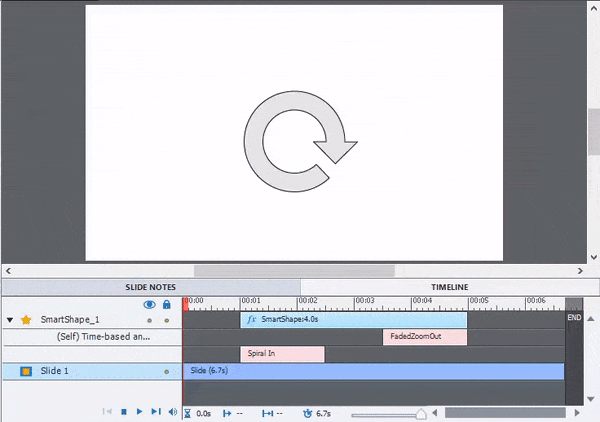 Screen capture of Captivate with the slide and timeline both visible. The shape enters by spiraling and exits by decreasing its size to none. Two pink timeline bars represent the entrance and the exit, and they are aligned with the start and the end of the object's timeline bar, respectively.