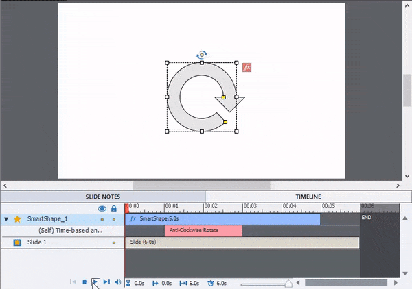 An animated GIF showing a screen capture of a slide with a shape on it, as well as the blue timeline bar of the shape, with a pink timeline bar underneath. When the play bar starts running, the shape rotates as the play bar passes through the pink timeline bar and stops when the play bar is no longer on the pink bar.