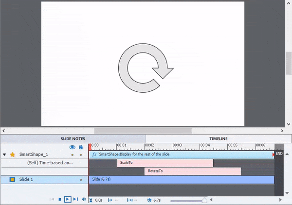 Screen capture of Captivate with the slide and timeline both visible. Two pink timeline bars representing two different animation effects have sections where they take effect at the same time. As the playbar passes through the pink bars, the shape animates as described in the previous paragraph.