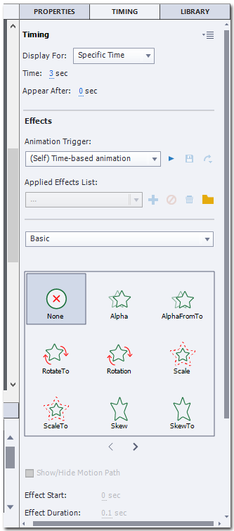 The TIMING tab of Adobe Captivate showing the Timing and Effects sections. Under the Timing sections are the differet icons for different Basic animation effects.
