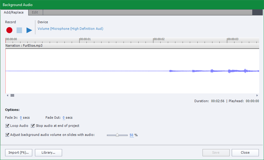 A dialogue box showing the options for the background audio. It has wave view, play and record buttons, and options that will be discussed in the succeeding paragraphs.