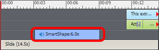 A captivate timeline showing a blue bar for a shape. The bar has speaker icon at the start, indicating that an audio is attached to it.
