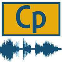 Icon for Captivate audio, a yellow rectangle with CP in the middle, and audio waves below.