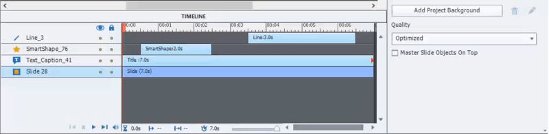 An animated PNG showing the timeline and the Options tab side-by-side. An object is selected on the timeline, the Lock Size and Position checkbox is checked, and the yellow dot under the lock icon changes into a small lock surrounded by arrows. The checkbox is unchecked, and the lock turns back to yellow dot.