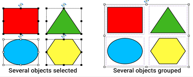Four shapes selected: a rectangle, a triangle, an oval. They are marked by dashed rectangle and handles. The same objects are grouped on the right, with one larger dashed rectangle and handles for the whole group.