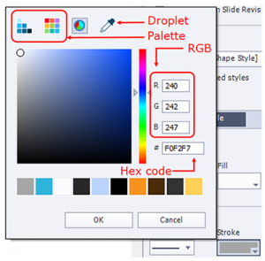 The color selection tool is available to both Stroke and Fill; in this screen capture, it appears when Stroke color option was clicked. There are two palette colors, Themes and Swatches. Themes limits the colors to the theme of your Captivate file while Swatches allows you to select more color. The Color Picker, the pizza-like circle divided into three colors: red, green, and cyan, opens the interface shown below: a gradient area where you can select color, or enter RGB values in three fields, or enter Hex code in one field. The Eyedropper, also called Droplet, allows you to pick a color from anywhere in your screen, including parts of Captivate's user interface and even those outside the Captivate window. 
