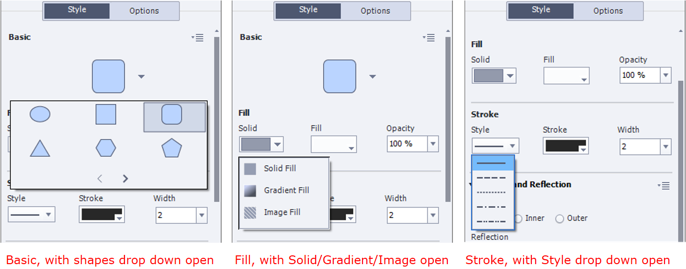 Shown in this screen capture at the different ways to customize shapes under the Properties - Style menu. The screen capture on the right shows the Basic with its drop-down menu open, showing an oval, a rectangle, a rounded rectangle, a triangle, a hexagon, and a pentagon, and small angle brackets representing forward and back to signify that there are more shapes than what is shown. The screen capture in the middle is similar to the one on the left, but this time, it's the Solid/Gradient/Image Fill drop-down that is open. The label on top of the drop-down is Solid, indicating that it is the active selection. Also shown on its right is the Fill option, and farther right is the drop-down Opacity. The current color of the Fill is dark gray, and the Opacity is set to 100%. The screen capture on the right shows the Style interface scrolled down slightly, making the Basic no longer visible. Here, the Style drop-down under Stroke is open, showing solid line, dashed line, dotted line, alternating dashed/dotted line, and alternating dashed/dotted line with two dots. On its right is the option Stroke, and farther right the drop down Width. The current color of the Stroke is white, and the Width is set to two pixels. The Shadow and Reflection options are also partly visible in the right screen capture under Stroke.