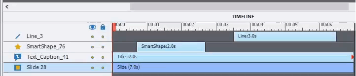 An animated PNG showing how to drag the left end, right end, the entire blue bar of objects in Captivate timeline. It also shows how to extend the duration of the timeline.