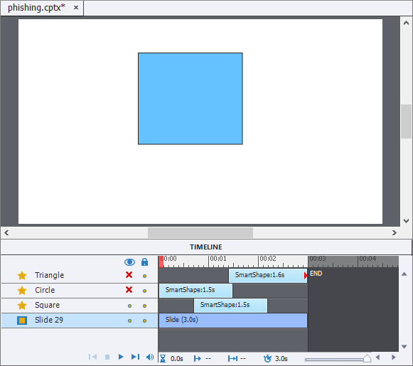 A screen capture of Captivate timeline showing a square on the slide. The timeline indicates that there are also a circle and a triangle, but under the eye icon, they have a red X mark.