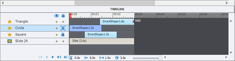 Captivate timeline showing the different possible icons under the padlock column: a dot, a padlock with arrows, and a larger padlock without arrows.