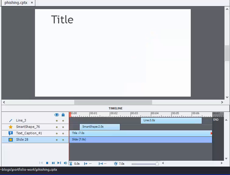 An animated PNG of Captivate slide and timeline showing how some objects appear and disappear as indicated by the time bars.