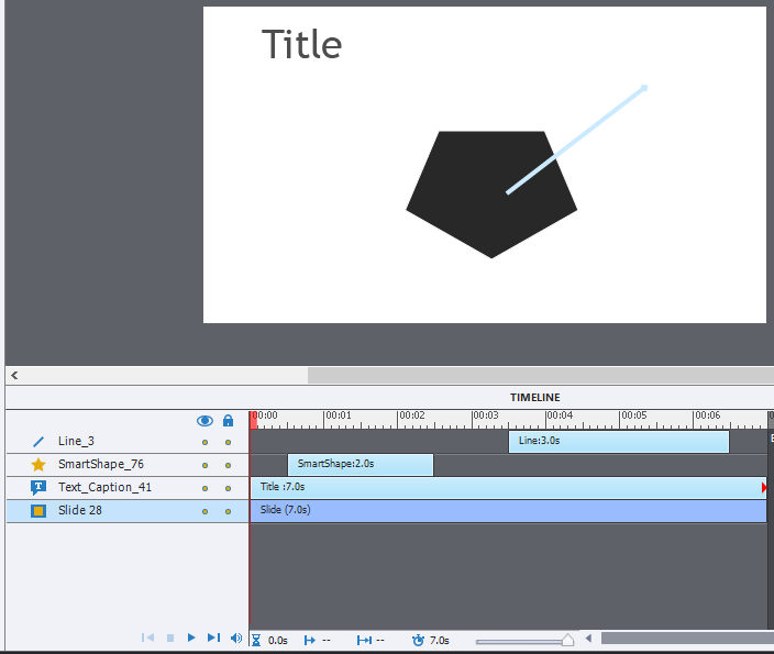 A screen capture of a part of a Captivate 2019 window showing both the slide and the timeline for three objects: a text, a smart shape, and a line.