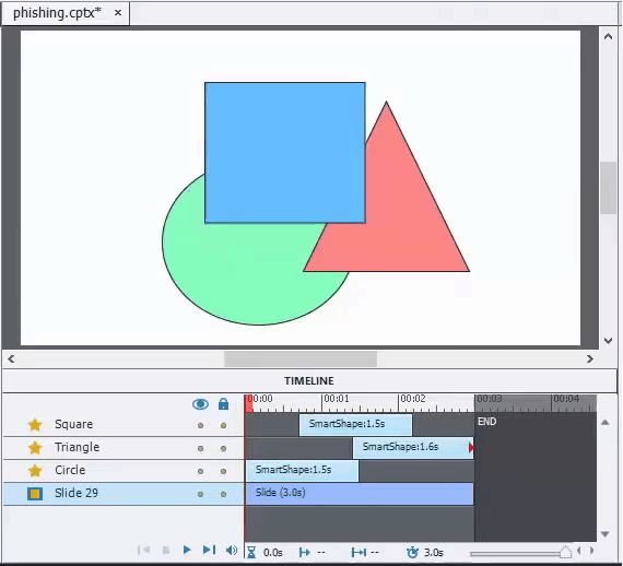 An animated PNG showing the slide and the timeline. The slide has a triangle, a square, and a circle. A mouse pointer drags the timeline bars vertically and which shapes are at the front and at the back also changes.