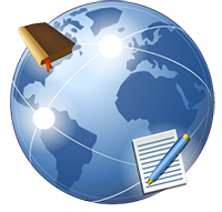 Visual representation of internet research and citation,: a globe with interconnected nodes. One of the node has a book and another node has pen and paper.