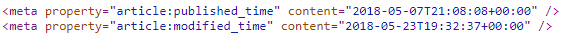 A screen capture of a web page's source code showing its published date and update date.