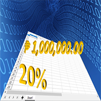 Spreadsheet floating on abyss of 1s and 0s with golden 20% and 1,000,000 pesos on top.
