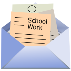An open envelope containting three pieces of paper, the one in front explicitly labeled as school work.