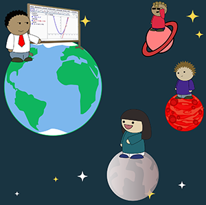Metaphor of distance education: teacher and three students standing on different planets.