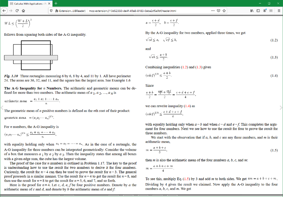 A calculus textbook opened using the EPUBReader add-on for Firefox. 