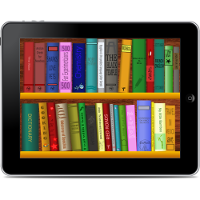 A collection of books, like shelves in a library, seen within the screen of a tablet computer.