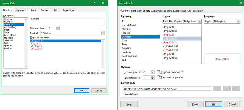 Two dialogue boxes for formatting cells: the smaller one on the left is for Excel, and the bigger one on the right is for Calc. Both shows the options for Currency format such as the currency symbol and the number of decimal digits.