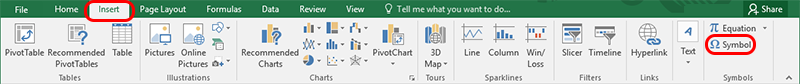 A screen capture of a top part of an Excel window, showing the Insert as the current active tab of the ribbon menu. There are several options in this ribbon menu, with the Equation and Symbol options near the right end.