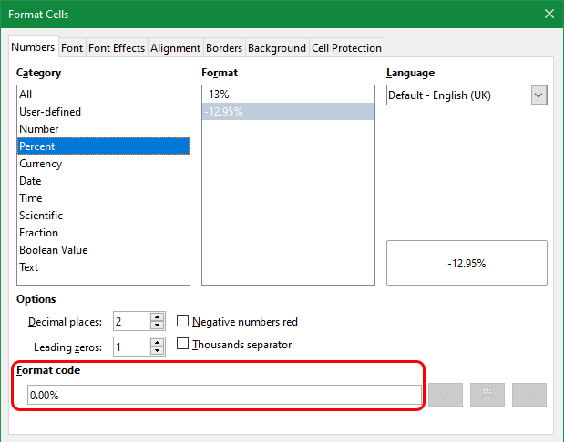 A screen capture showing the format cells window of Calc. The Format code field is highlighted by a red rounded rectangle.