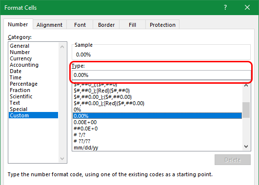A screen capture showing the format cells window of Excel. The Type field containing the format code is highlighted by a red rounded rectangle