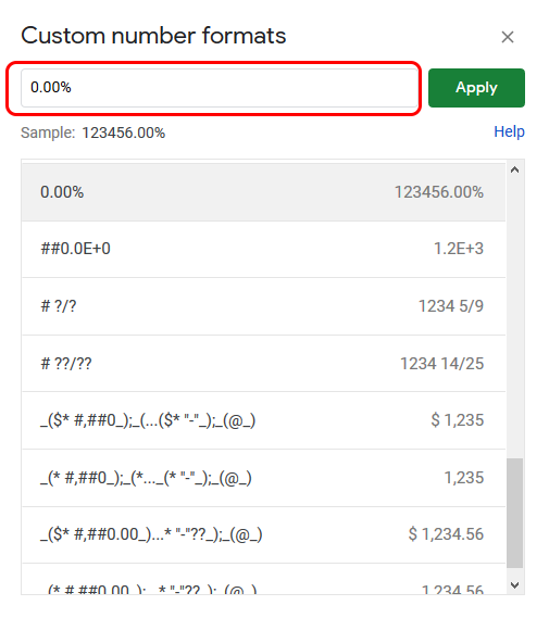 A screen capture showing the format cells lightbox of Sheets. The format code near the top is highlighted by a red rounded rectangle.