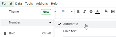 Submenu of Sheets under Format, Number, and then Automatic.