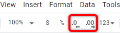 The Increase decimal places and Decrease decimal places icons shown on a small section of the top menu of Sheets.