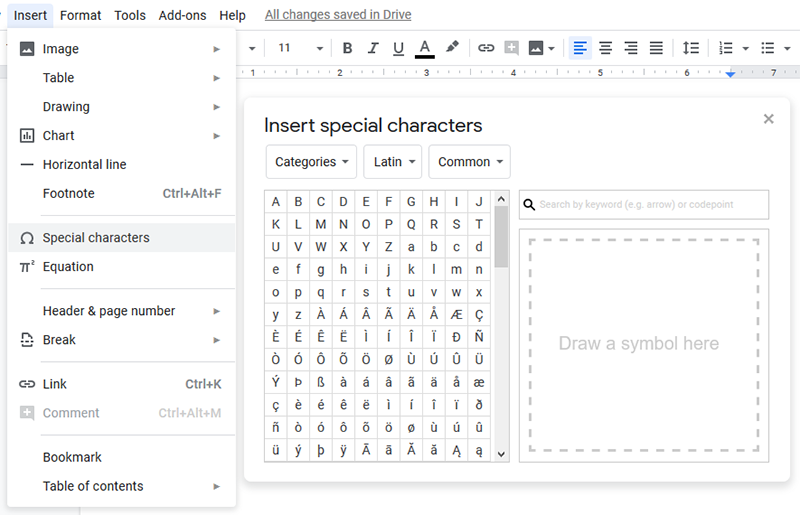 Screen capture showing that a submenu appears when you click Insert in the top bar menu of Google Docs. The submenu provides several options including Special characters. Click Special characters opens the Insert Special characters menu, that comes with a clickable matrix of several characters, and a search field that you can use to narrow down the displayed characters.