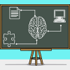 A chalk board with drawing of a brain at the center connected to a computer, a paper, and a piece of puzzle.
