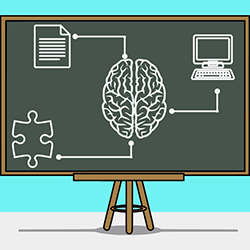 A chalk board with drawing of a brain at the center connected to a computer, a paper, and a piece of puzzle.