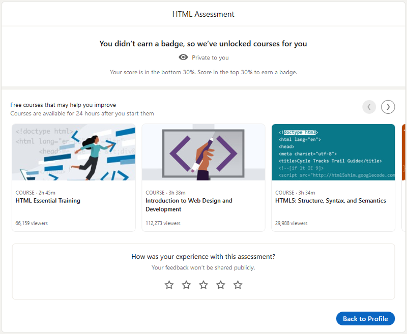 The Assessment window appears if you failed an assessment. It recommends courses with previews for each course. You can see three at a time, but buttons allow you to scroll sideways to see more courses. The bottom section allows you to rate your experience in using the assessment.