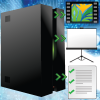 Illustration of a computer CPU representing server, and on its right are icons film strip for videos, slide for HTML5 modules, and a paper checklist for quizzes.