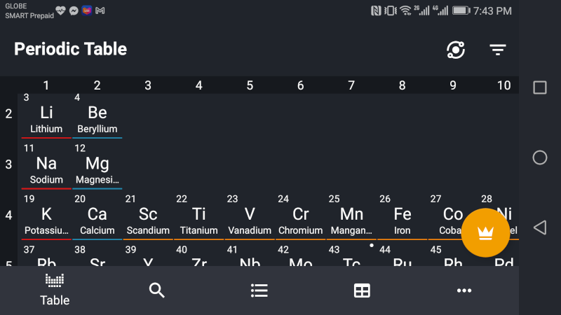 A black periodic table of elements appearing as mobile application.