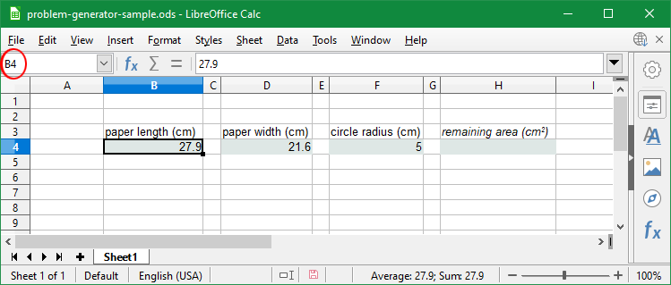 This screen capture is the same as Problem Generator Step 6 except that the cell pointer is in cell B4. Also, the Name Box, which displays the name of the cell where the cell pointer is located, is encircled in red.
