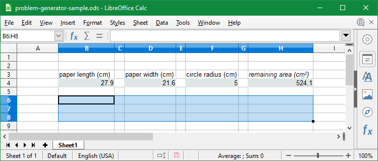 This screen capture is the same as Problem Generator Step 8 except that cells B6 to H6 are highlighted, and the value in H4 is 524.1.