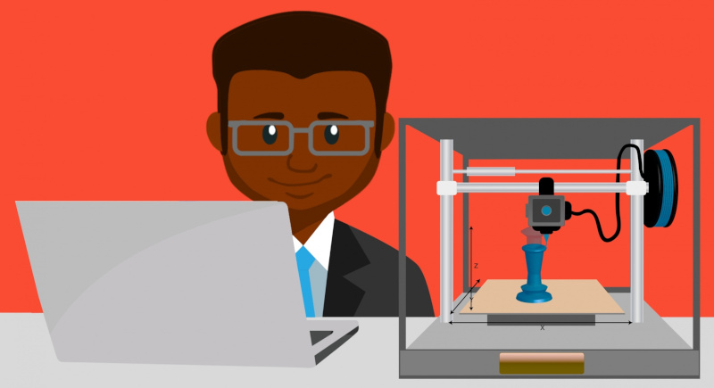 A man with a laptop and a 3D printer on table