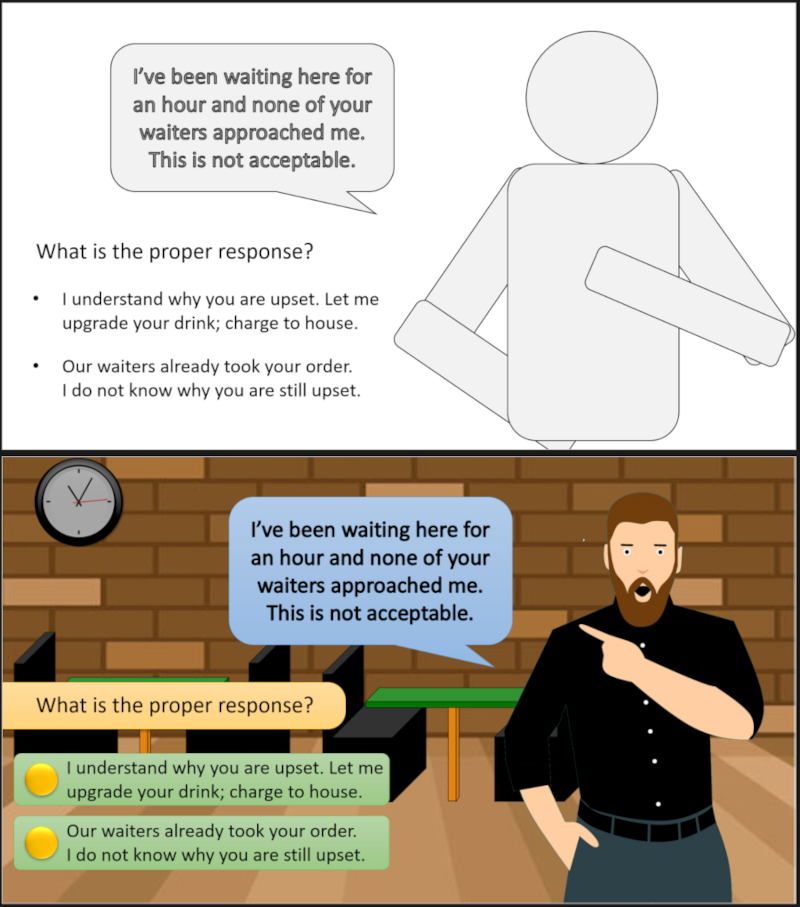 Two elearning slides. The one on top is made of shapes and black and white outline. The one below is a colored illustration of the same concept above.