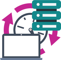 LMS server latency icon: a laptop, a server, and two arrows circling on their back. There's also a clock in the middle of the circling arrows.