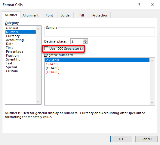 Screen capture of Format Cells window in Excel with the Use 1000 Separator checkbox highlighted in red.