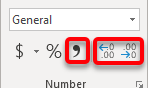 Screen capture: ribbon's Number group in Excel 365. Highlight in red the Comma Style and the Increase/Decrease Decimal icons.