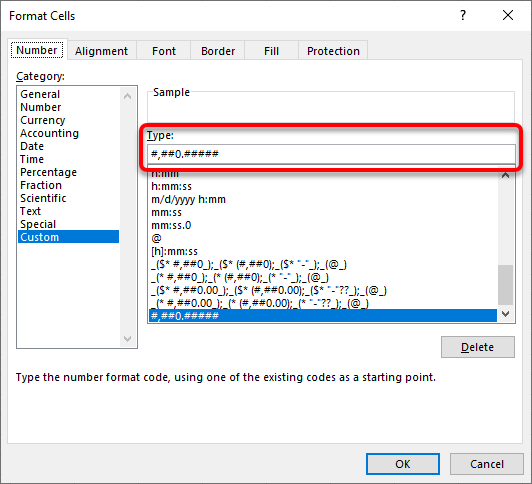 Format Cells window with #,##0.#### in the Excel Type field. The Type field is highlighted in red.
