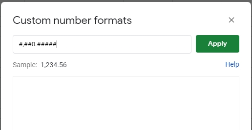 Custom number format window with #,##0.##### in the top text field. The field is highlighted in red.